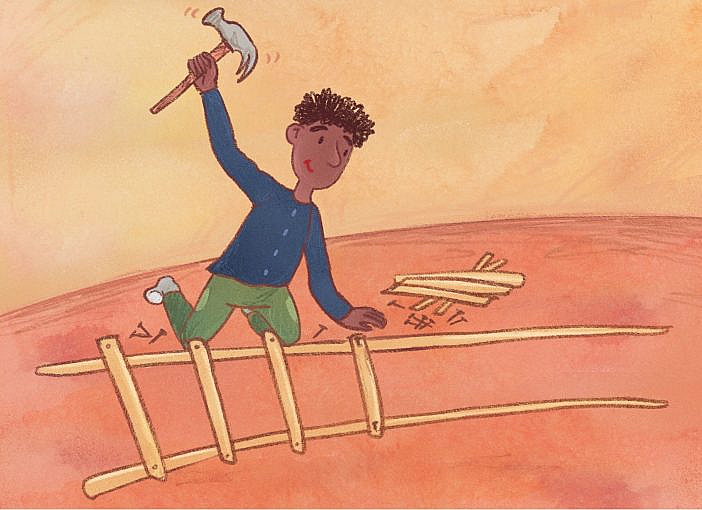 A man is hammering together a ladder.