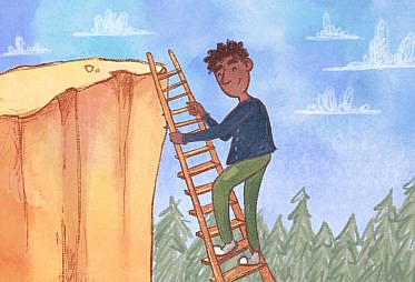 A man is using a ladder to climb up a cliff.