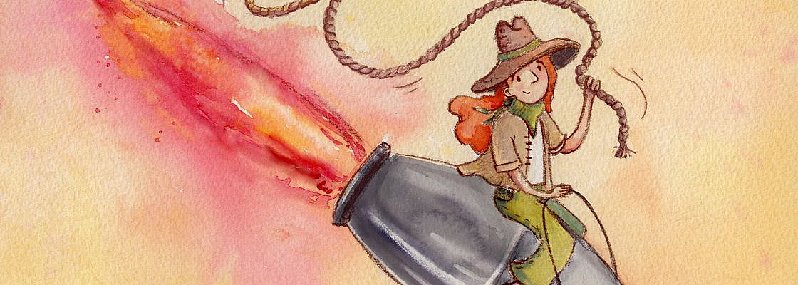A cowgirl with a lasso riding a silver bullet in a direction that appears to be heading toward the ground.