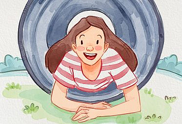woman looking out of the end of the tunnel she just climbed through.